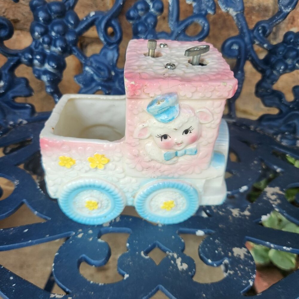 VTG Ceramic Baby Planter Music Box Bassinet Nancy Pew Japan Train Lamb